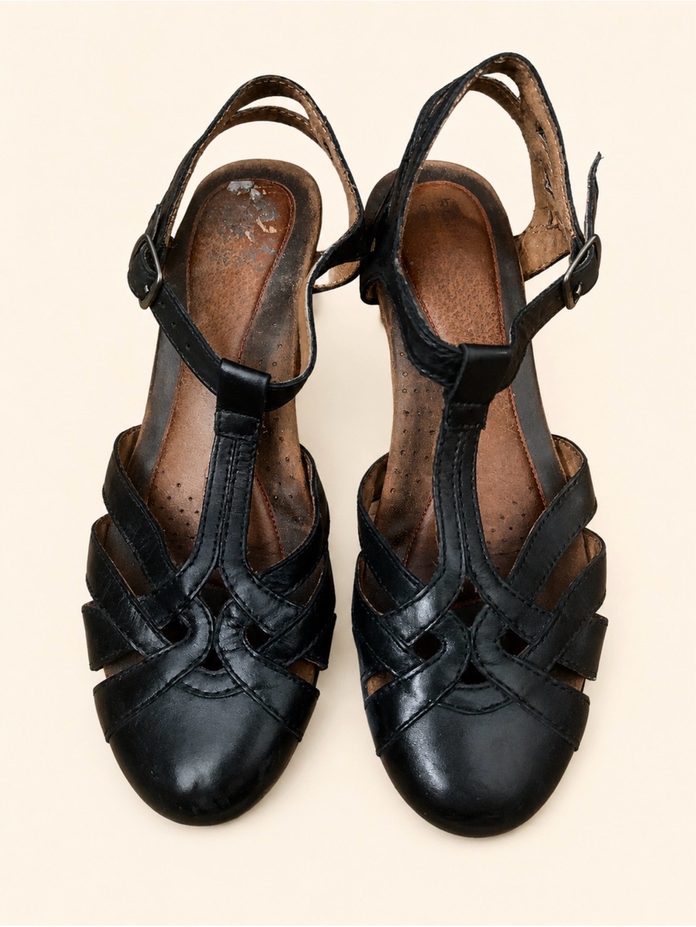 Classic Black Leather T-Strap Women's Low heel